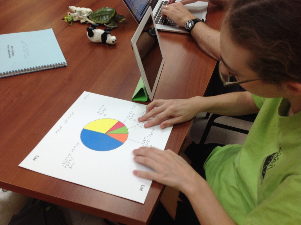 Haylee gives feedback about tactile graphics to be included in the AnimalWatch Vi Suite project's materials - here she checks out a pie chart. Haylee reads a pie chart.