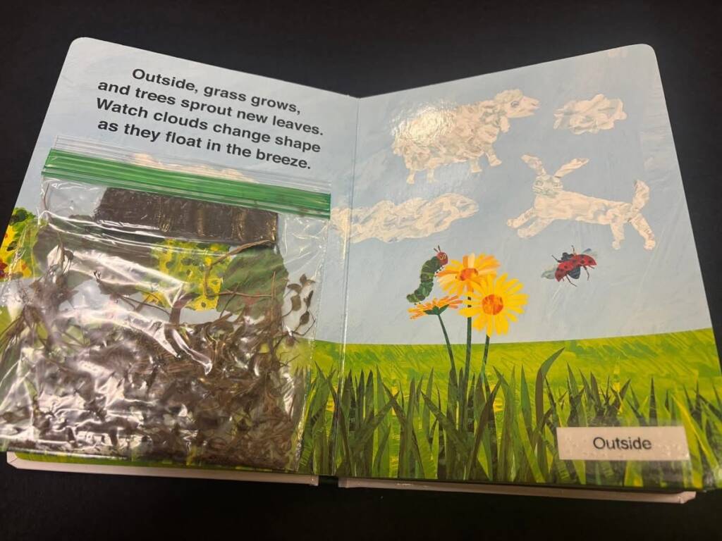 A page in The Hungry Caterpillars First Spring with print and braille and a bag attached with grass and leaves.