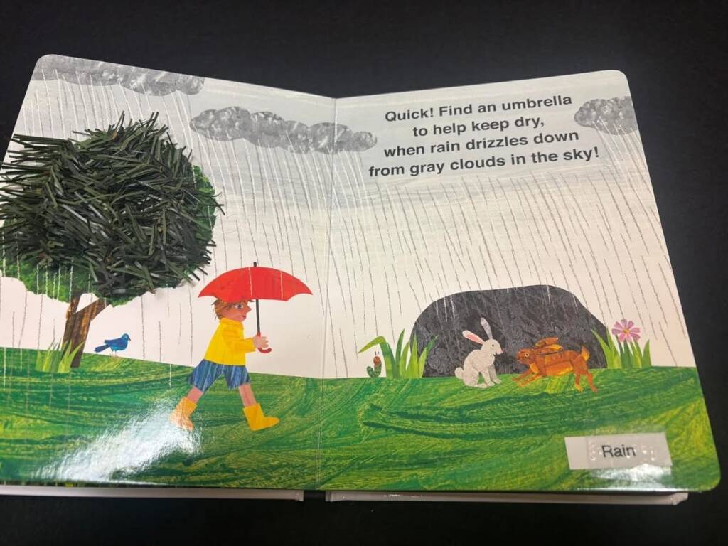 Page in the book that has plastic tree branches on the tree illustration.