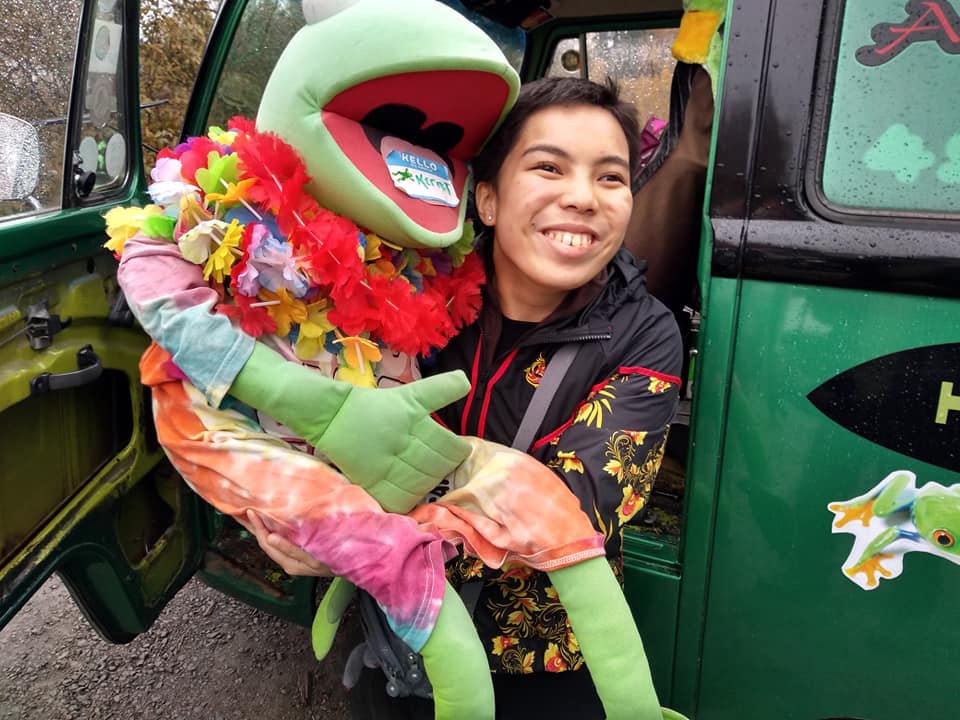 Katrina with Kermit sitting on her lap