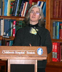 Evelyn Kelso Photo of Evelyn Kelso behind podium at Children's Hospital, Boston