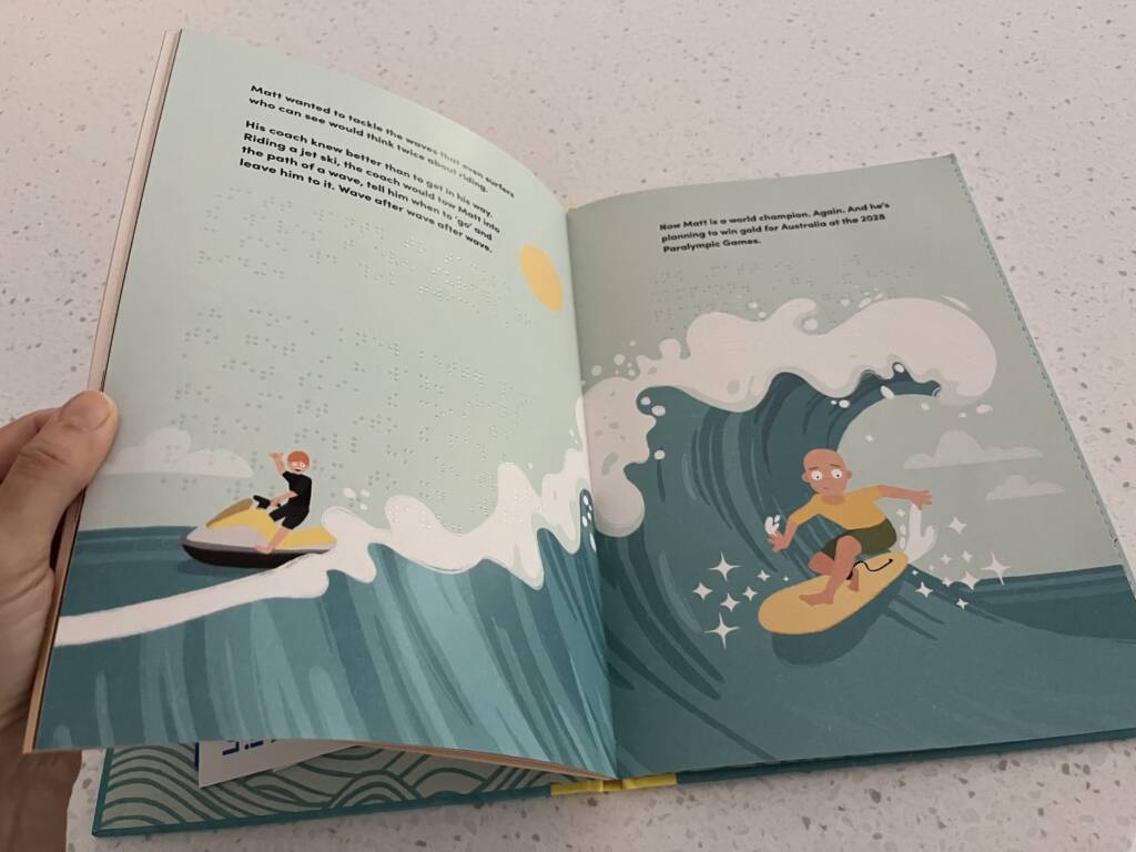 Page in the Surfing in the Dark book that have Matt surfing a big wave.