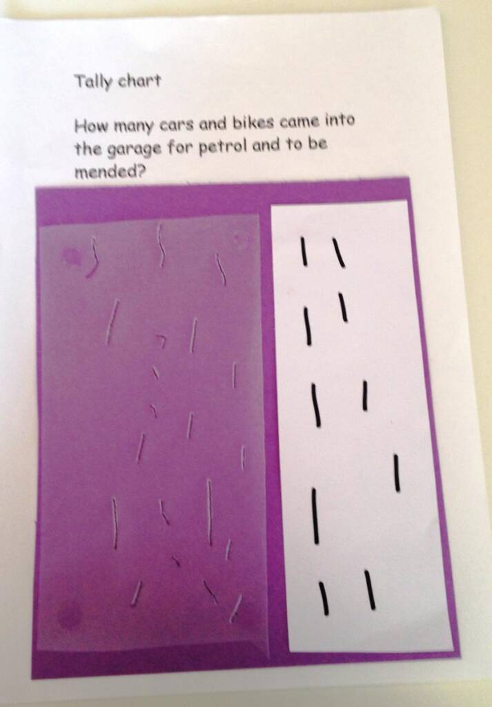 Tally chart of how many cars and bikes came into the garage for petrol and to be mended