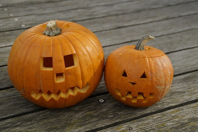 Two carved jack-o-lanterns