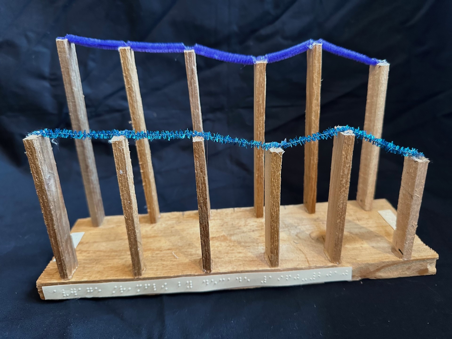 3D model of average streamflow and precipitation by decade. Wooden sticks are placed on a wooden base with one stick per decade of data and a pipe cleaner connects the tops of the sticks for each data set.