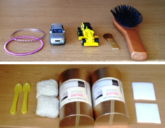 bracelets, toy car and truck, hair brush and makeup brush, spoons,