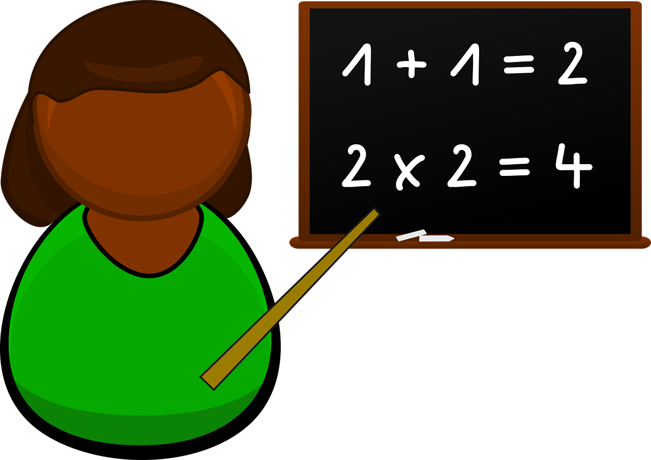 Illustration of teacher pointing to blackboard with basic addition problems