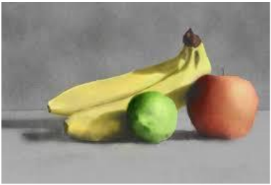 Simple painting of fruit; banana, pear,and apple.
