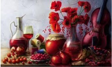 Complex picture of fruit with wine, flowers, string instrument and several other items on the table.