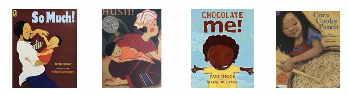 Front covers of four picture books: So Much!, Hush, Chocolate Me!, and Cora Cooks Pancit front covers of four picture books: So Much!, Hush, Chocolate Me!, and Cora Cooks Pancit