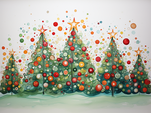 Three Christmas trees with christmas balls and stars on the top.