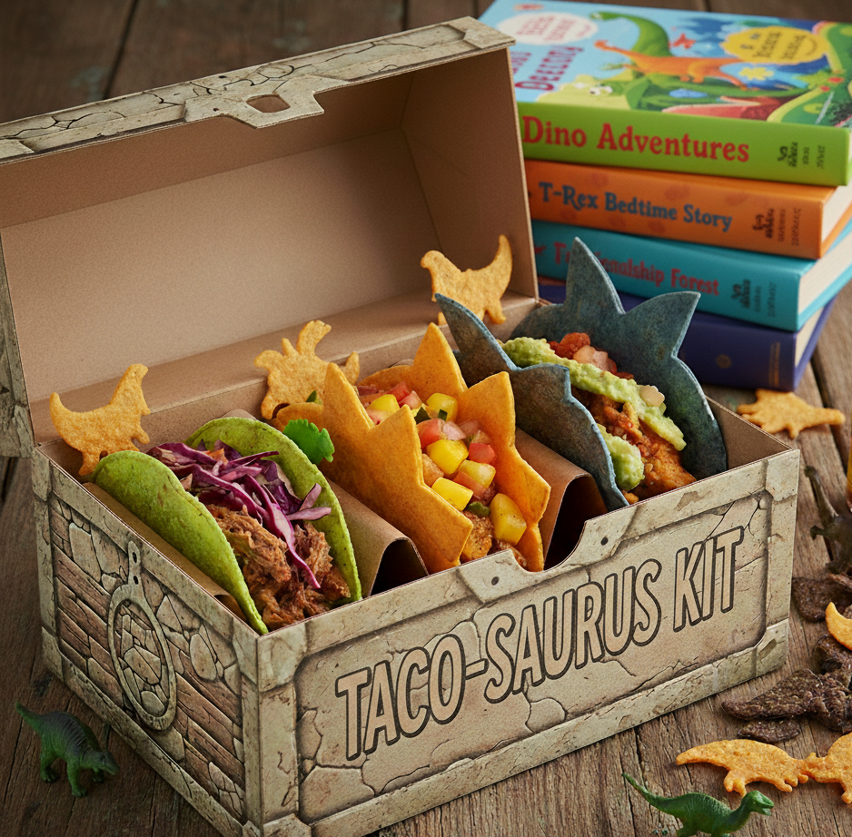 A box of tacos that says taco-saurs tacos