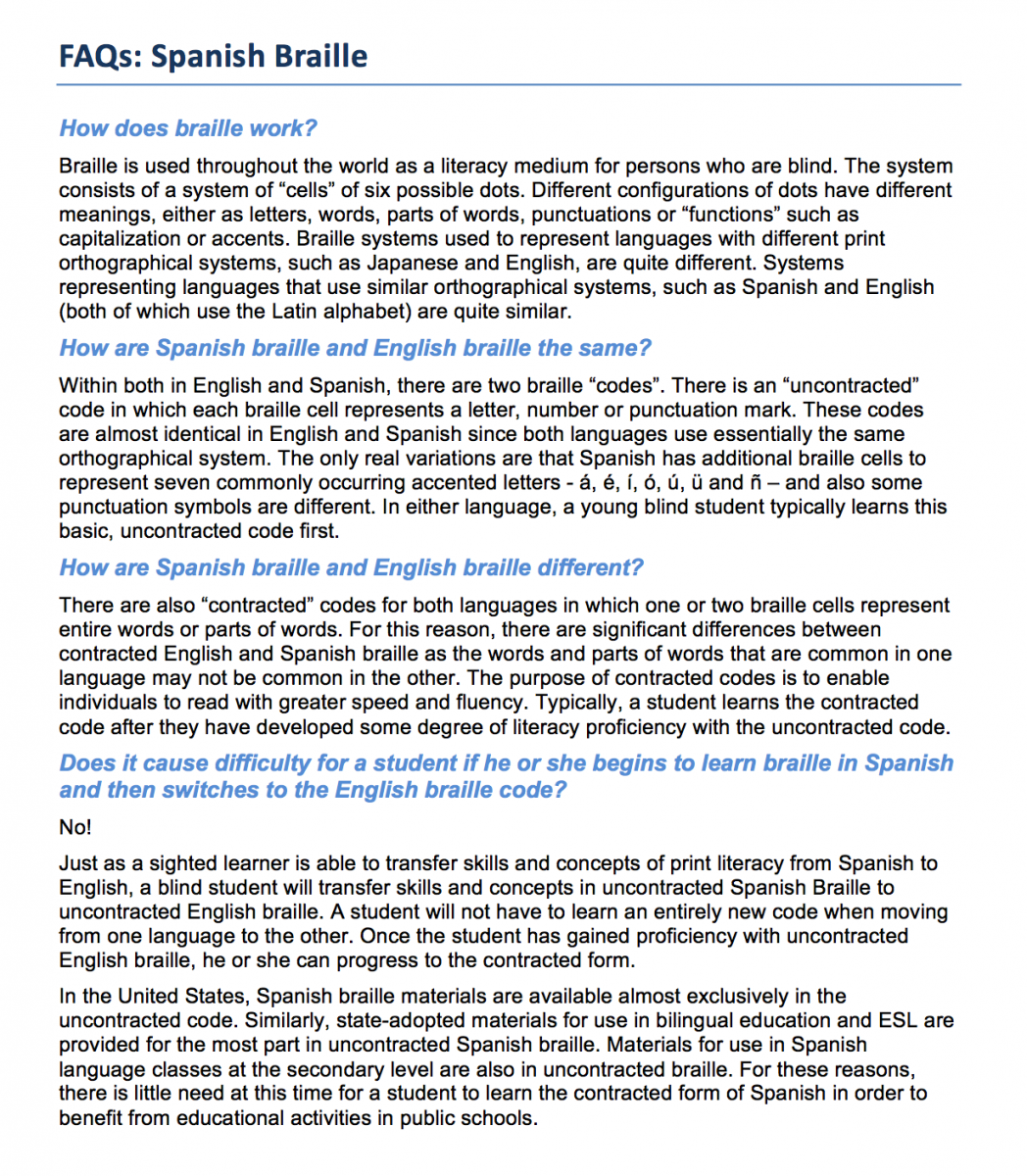 FAQs:  Spanish Braille