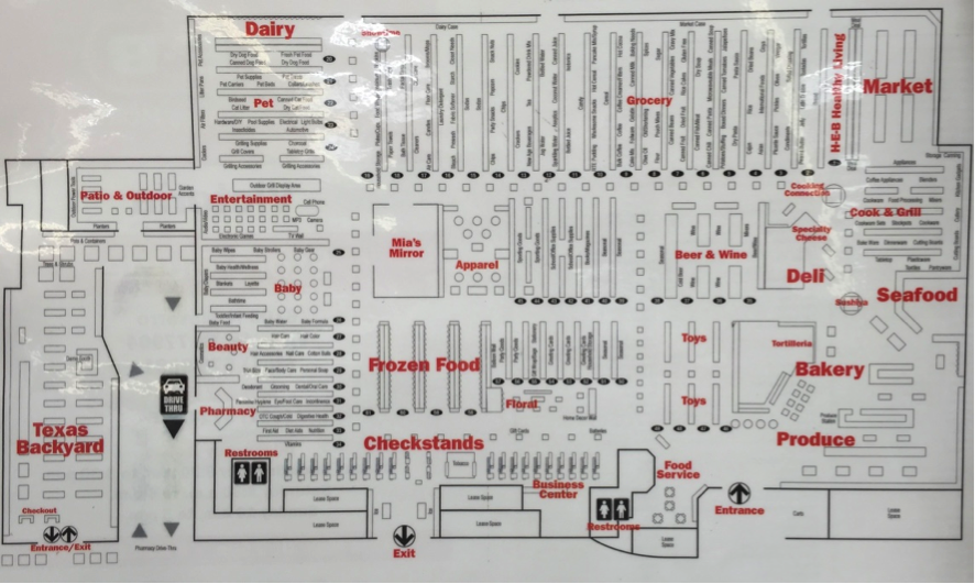 Laminated floor plan of grocery store with aisle numbers and food categories