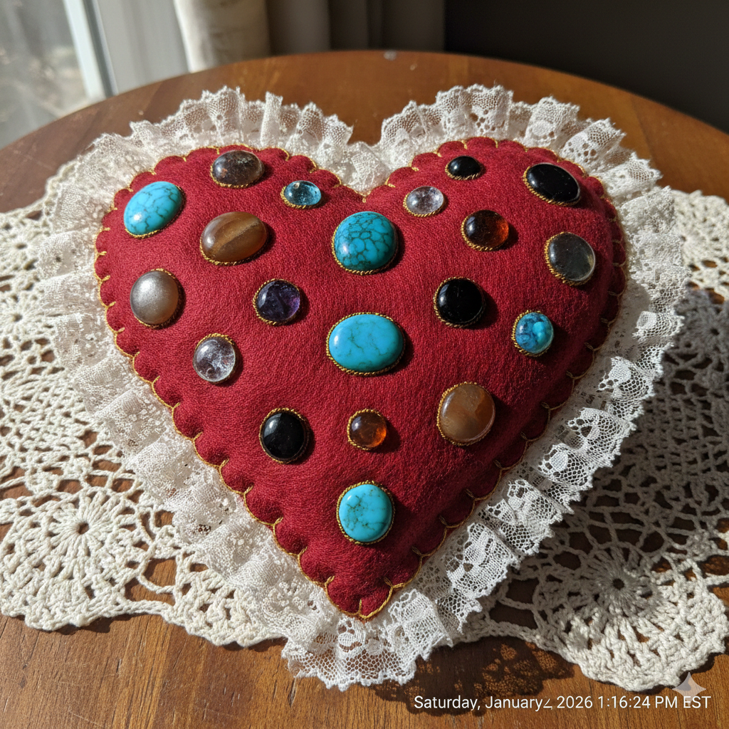 Felt pillow heart with lace on the edges and gems sewn in it.