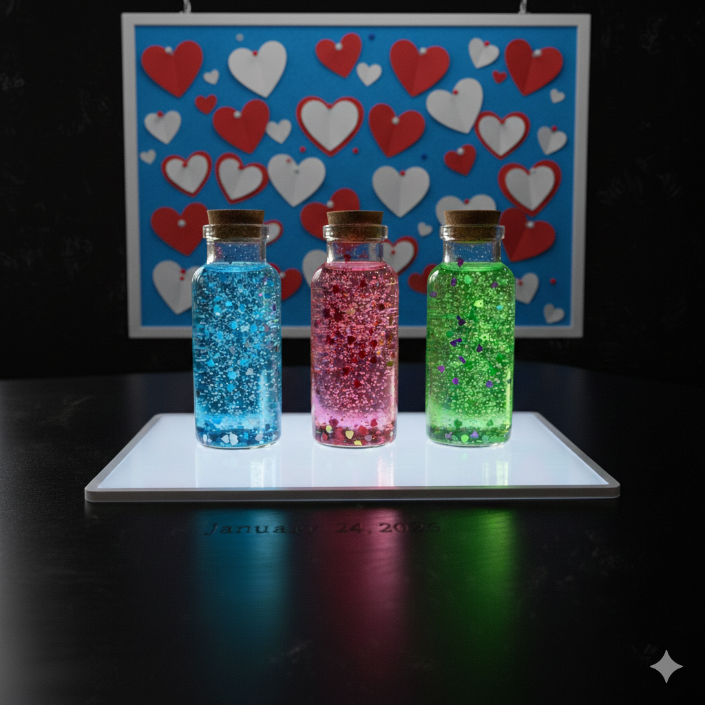 Glitter sensory bottles on a lightbox infront of a heart filled bulletin board.