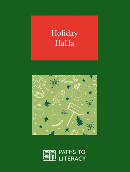 Holiday HaHa title with an abstract picture of holiday items like wreaths, trees, starts, and snowflakes.