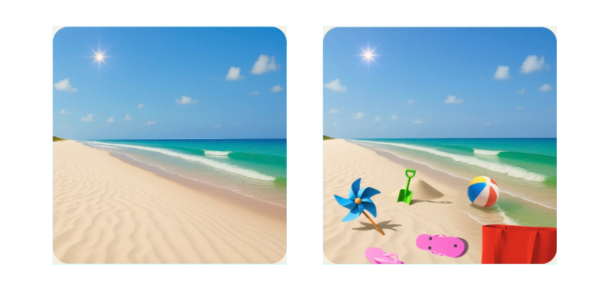 Two beach scenes. The first just has sand and water and the second is the same but also has flip flops, a beach ball, a pinwheel, shovel, and a bag. 