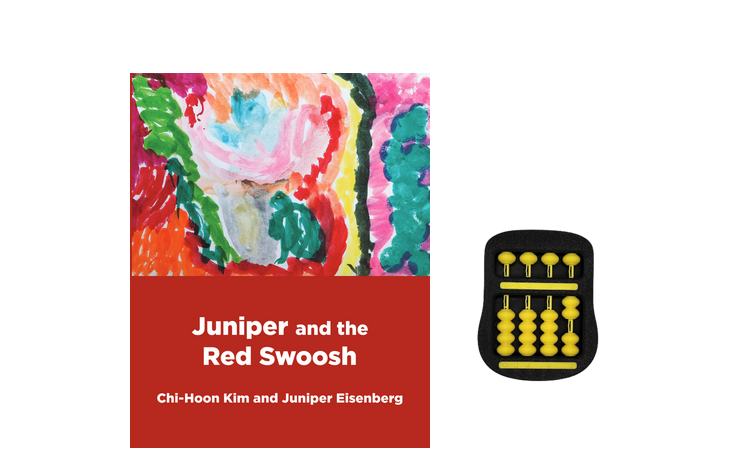 Juniper anad the Big Red Swoosh book and the 3-D click abacus.