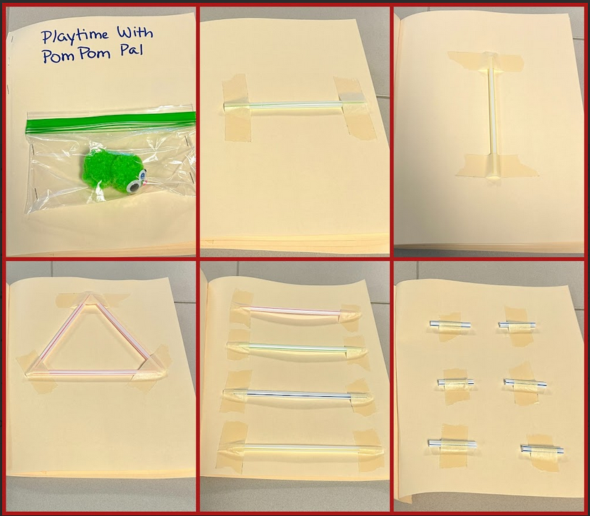 Playtime with PomPom Pal and several pages of taped on plastic straw pages.