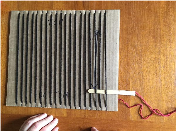 Putting your shed stick over one yarn and under the next yarn Putting your shed stick over one yarn and under the next yarn